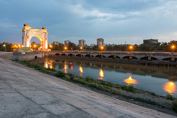 Image showing Volgograd, Russia - August 1, 2016: The first gateway Volgodonsk navigable channel, concrete fortifications shore, Volgograd