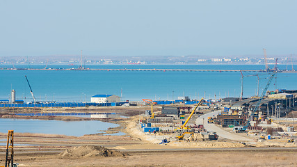 Image showing Taman, Russia - November 5, 2016: Construction of a bridge across the Kerch Strait, in view of the construction of the coastline from the Taman Peninsula, as of November 2016