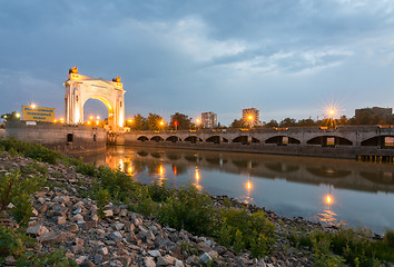 Image showing Volgograd, Russia - August 1, 2016: The first gateway Volgodonsk navigable channel, view of the sunset, Volgograd