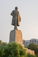 Image showing Volgograd, Russia - August 1, 2016: View of the sunset on the statue of Lenin on the waterfront in the Krasnoarmeysk district of Volgograd