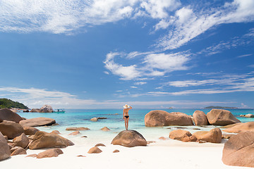 Image showing Woman enjoying Anse Lazio picture perfect beach on Praslin Island, Seychelles.