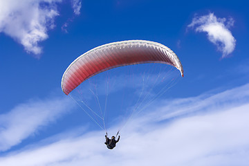 Image showing Paragliding on background of blue sky and white clouds