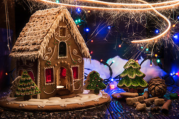 Image showing Gingerbread house with lights