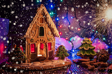 Image showing Gingerbread house with lights