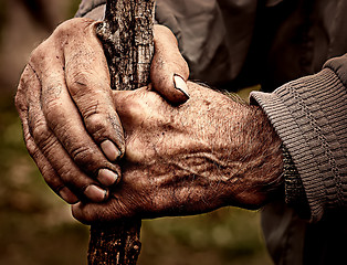 Image showing Elderly man holding a staff in his hands