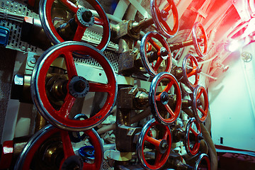 Image showing Detailed view of valves and pipes in old submarine    