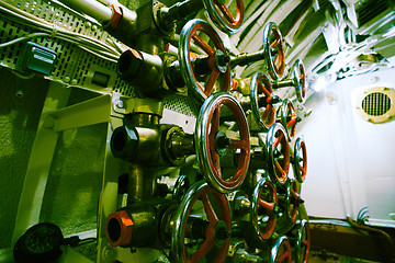 Image showing Detailed view of valves and pipes in old submarine    