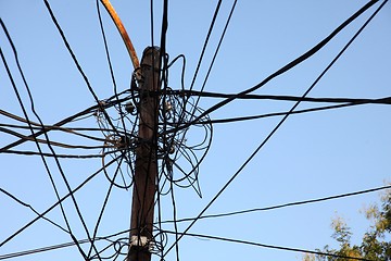 Image showing A tangle of electricity and communications cables, television aerials in Prizren, Kosovo