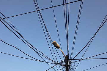 Image showing A tangle of electricity and communications cables, television aerials in Prizren, Kosovo