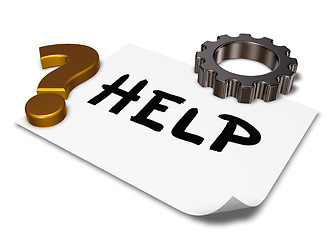 Image showing the word help on paper sheet, gear wheel and question mark - 3d rendering