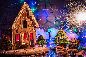 Image showing Gingerbread house with lights