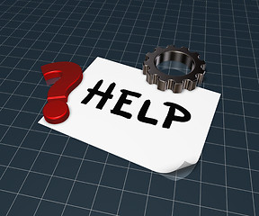 Image showing the word help on paper sheet, gear wheel and question mark - 3d rendering