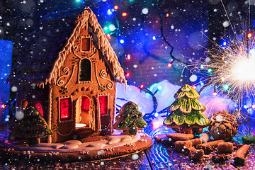 Image showing Gingerbread house with lights