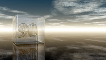 Image showing number ninety in glass cube under cloudy sky - 3d rendering