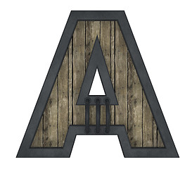 Image showing wooden uppercase letter a with metal frame on white background - 3d illustration