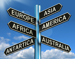 Image showing Europe Asia America Africa Antartica Australia Signpost Showing 