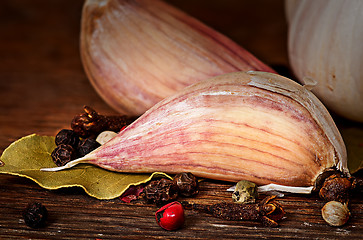 Image showing Clove of garlic bay leaf pepper cloves