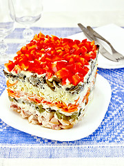 Image showing Salad with chicken and peppers on tablecloth