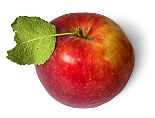 Image showing Red ripe apple with green leaf top view