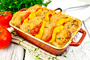 Image showing Cutlets of turkey with peppers in pan on napkin