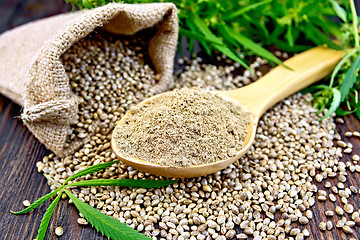 Image showing Flour hemp in spoon with bag and leaf on board