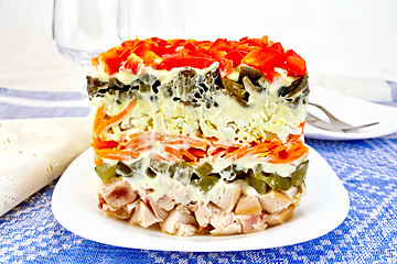 Image showing Salad with chicken and peppers on blue tablecloth