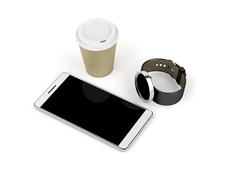 Image showing Smartphone, smartwatch and coffee cup
