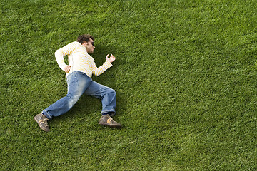 Image showing Running laying down on the grass