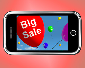 Image showing Big Sale Balloons On Mobile Phone Shows Promotions And Reduction