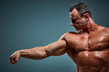 Image showing torso of attractive male body builder on gray background.