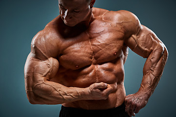 Image showing torso of attractive male body builder on gray background.