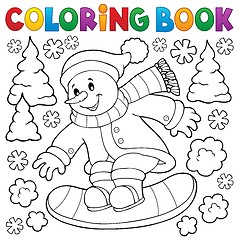 Image showing Coloring book snowman on snowboard