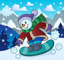 Image showing Snowman on snowboard theme image 2
