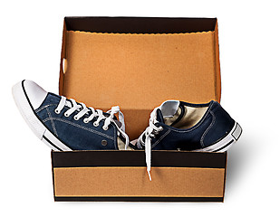 Image showing Dark blue sports shoes abandoned in a cardboard box