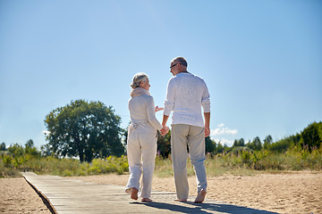 Image showing happy senior couple holding hands on summer beach