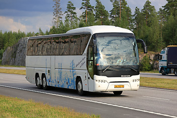 Image showing White Neoplan Tourliner Coach Bus on Motorway