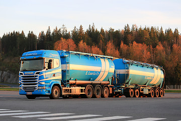 Image showing Scania Double Tanker in Autumn Evening Light 