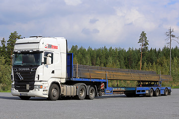 Image showing White Scania R620 Semi Transports Iron Beams