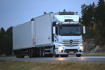 Image showing Mercedes Benz Actros Reefer Truck Late Night Trucking