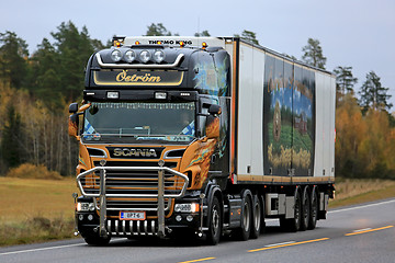 Image showing Scania Refrigerator Semi Truck in Autumn Scenery