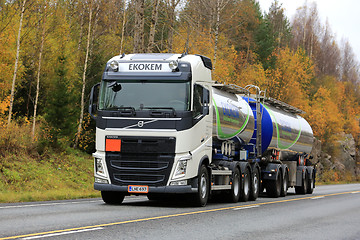 Image showing White Volvo FH Tank Truck of Ekokem on the Road