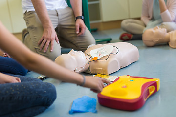 Image showing First aid resuscitation course using AED.