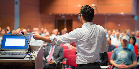 Image showing Public speaker giving talk at Business Event.