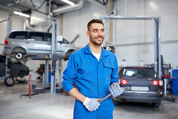 Image showing auto mechanic or smith with wrench at car workshop