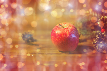Image showing red apple and christmas tree branch 