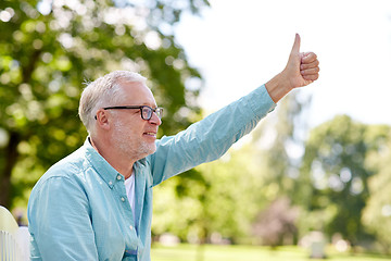 Image showing happy senior man showing thumbs up at summer park