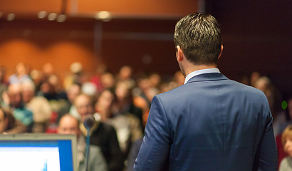 Image showing Public speaker giving talk at Business Event.