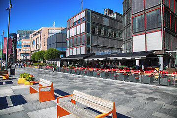 Image showing OSLO, NORWAY – AUGUST 17, 2016: People walking on modern distr