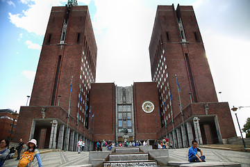 Image showing OSLO, NORWAY – AUGUST 18, 2016: Tourists around the main entra