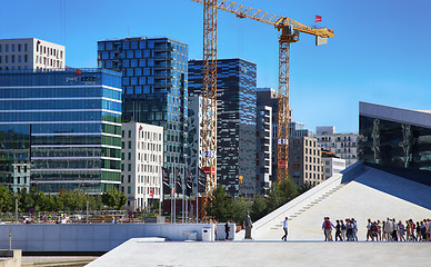 Image showing OSLO, NORWAY – AUGUST 17, 2016: Tourist on the Oslo Opera Hous